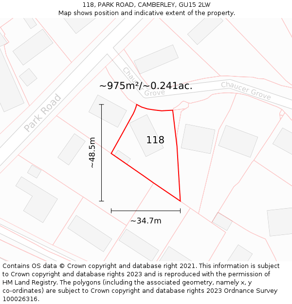 118, PARK ROAD, CAMBERLEY, GU15 2LW: Plot and title map