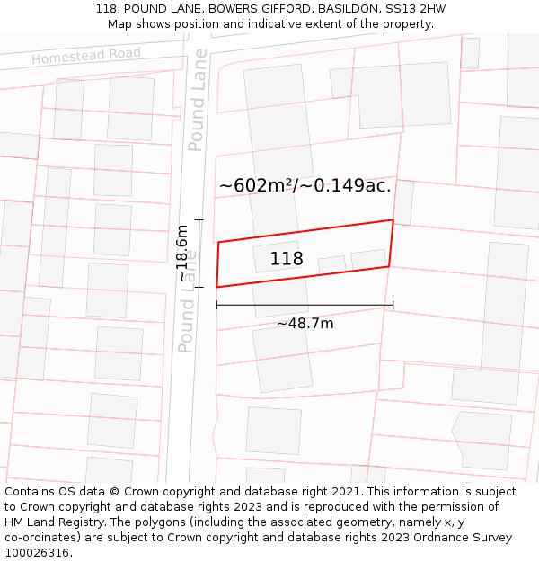 118, POUND LANE, BOWERS GIFFORD, BASILDON, SS13 2HW: Plot and title map