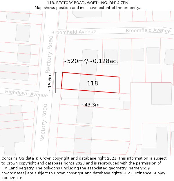 118, RECTORY ROAD, WORTHING, BN14 7PN: Plot and title map