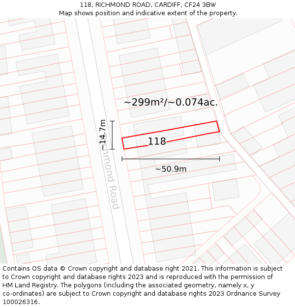 118, RICHMOND ROAD, CARDIFF, CF24 3BW: Plot and title map