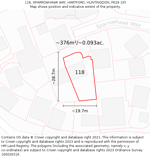 118, SPARROWHAWK WAY, HARTFORD, HUNTINGDON, PE29 1XY: Plot and title map