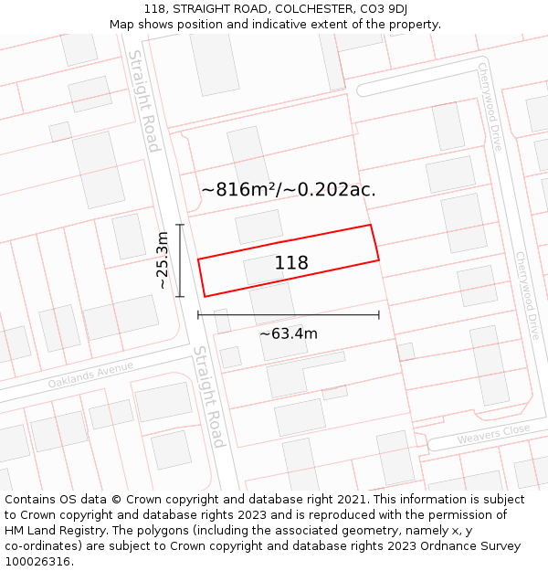118, STRAIGHT ROAD, COLCHESTER, CO3 9DJ: Plot and title map