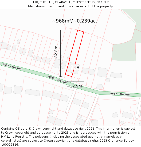 118, THE HILL, GLAPWELL, CHESTERFIELD, S44 5LZ: Plot and title map
