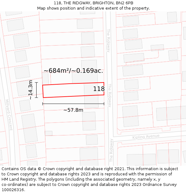 118, THE RIDGWAY, BRIGHTON, BN2 6PB: Plot and title map