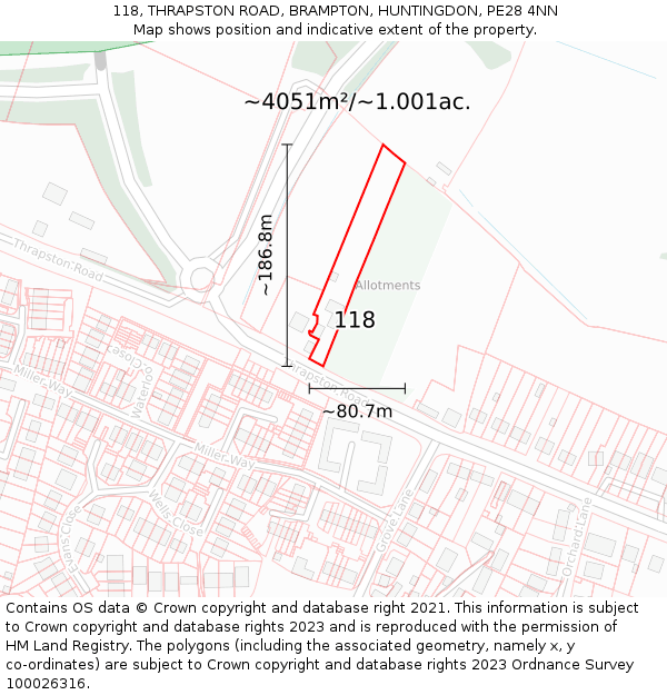 118, THRAPSTON ROAD, BRAMPTON, HUNTINGDON, PE28 4NN: Plot and title map