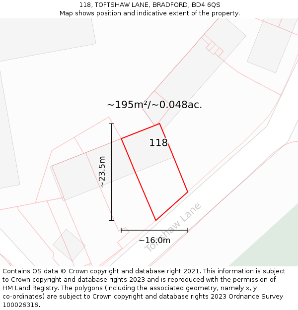 118, TOFTSHAW LANE, BRADFORD, BD4 6QS: Plot and title map