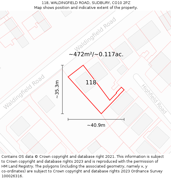 118, WALDINGFIELD ROAD, SUDBURY, CO10 2PZ: Plot and title map