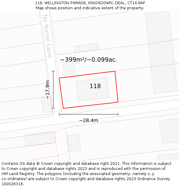 118, WELLINGTON PARADE, KINGSDOWN, DEAL, CT14 8AF: Plot and title map