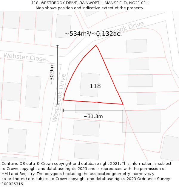 118, WESTBROOK DRIVE, RAINWORTH, MANSFIELD, NG21 0FH: Plot and title map