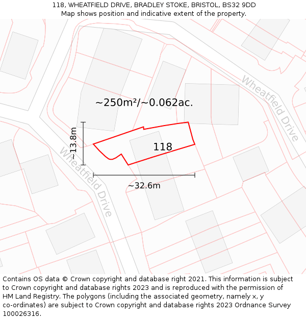 118, WHEATFIELD DRIVE, BRADLEY STOKE, BRISTOL, BS32 9DD: Plot and title map