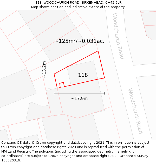 118, WOODCHURCH ROAD, BIRKENHEAD, CH42 9LR: Plot and title map