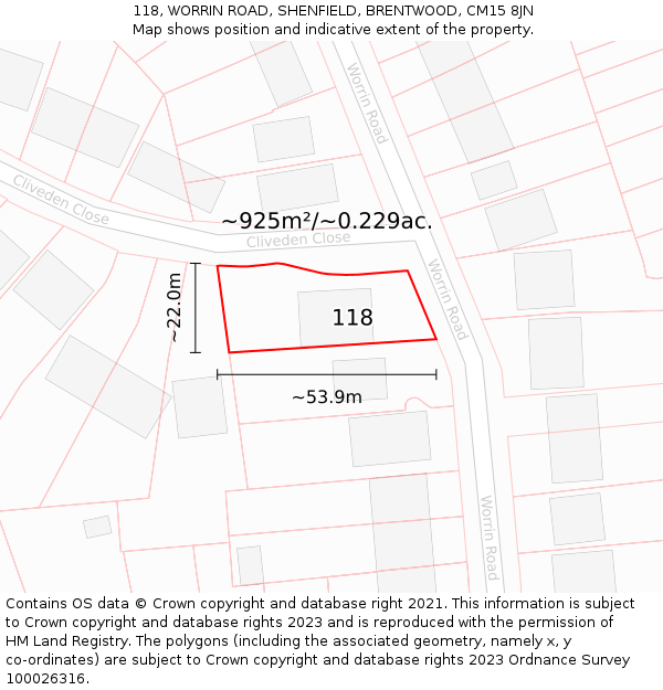118, WORRIN ROAD, SHENFIELD, BRENTWOOD, CM15 8JN: Plot and title map