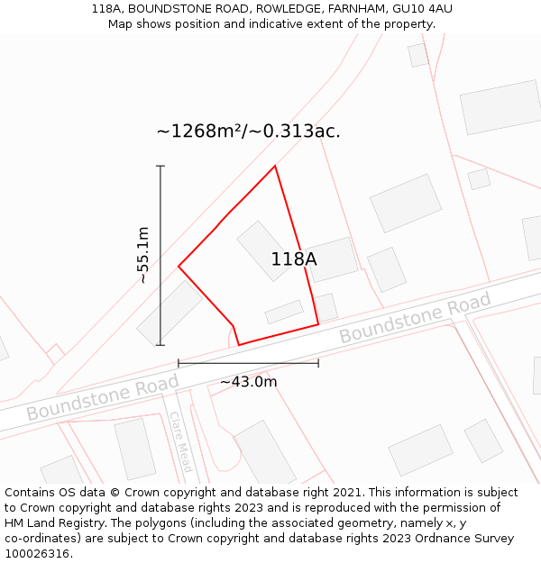 118A, BOUNDSTONE ROAD, ROWLEDGE, FARNHAM, GU10 4AU: Plot and title map