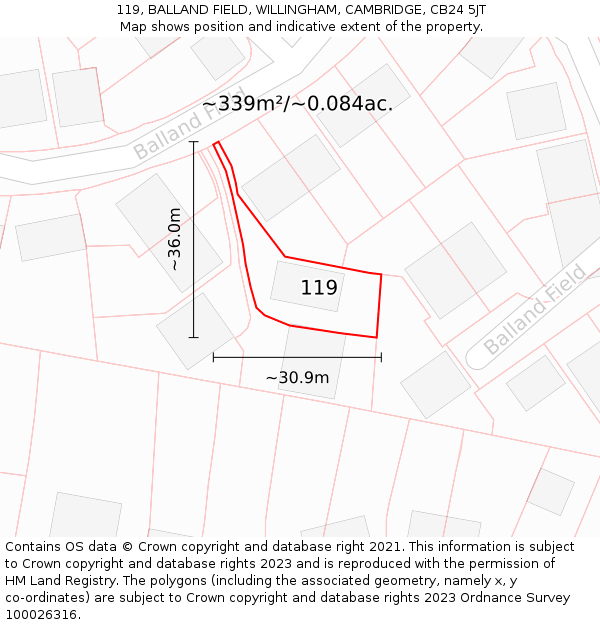 119, BALLAND FIELD, WILLINGHAM, CAMBRIDGE, CB24 5JT: Plot and title map