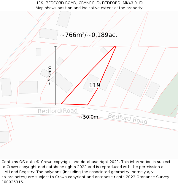 119, BEDFORD ROAD, CRANFIELD, BEDFORD, MK43 0HD: Plot and title map