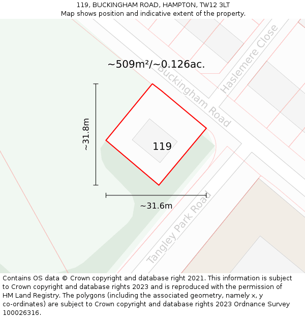 119, BUCKINGHAM ROAD, HAMPTON, TW12 3LT: Plot and title map