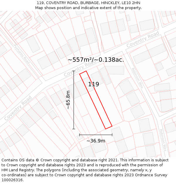 119, COVENTRY ROAD, BURBAGE, HINCKLEY, LE10 2HN: Plot and title map