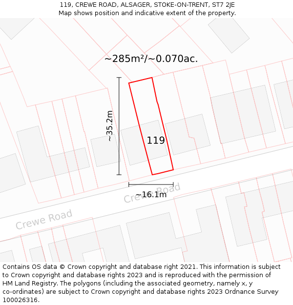 119, CREWE ROAD, ALSAGER, STOKE-ON-TRENT, ST7 2JE: Plot and title map