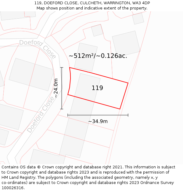 119, DOEFORD CLOSE, CULCHETH, WARRINGTON, WA3 4DP: Plot and title map