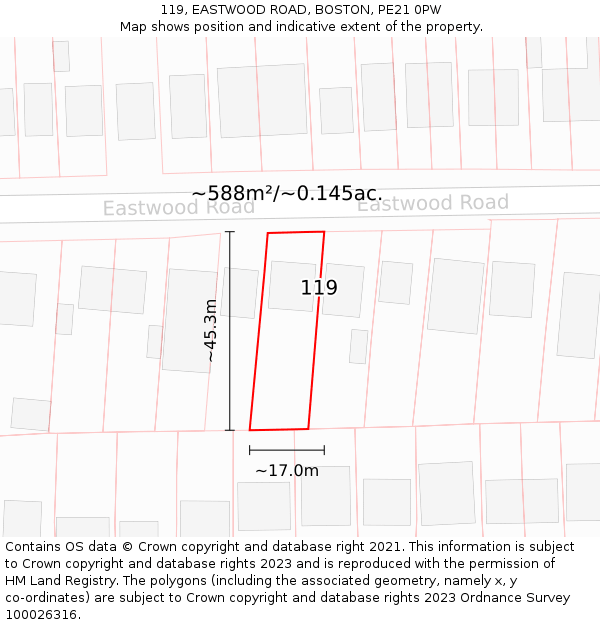 119, EASTWOOD ROAD, BOSTON, PE21 0PW: Plot and title map