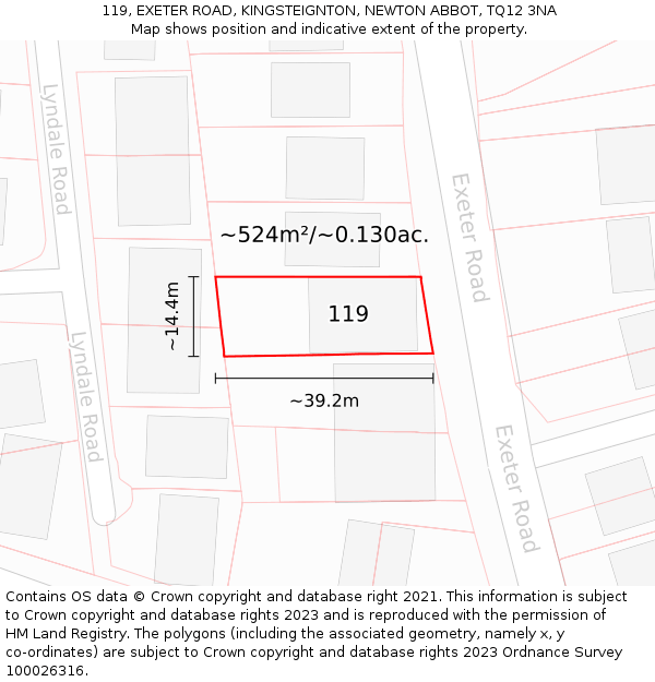 119, EXETER ROAD, KINGSTEIGNTON, NEWTON ABBOT, TQ12 3NA: Plot and title map