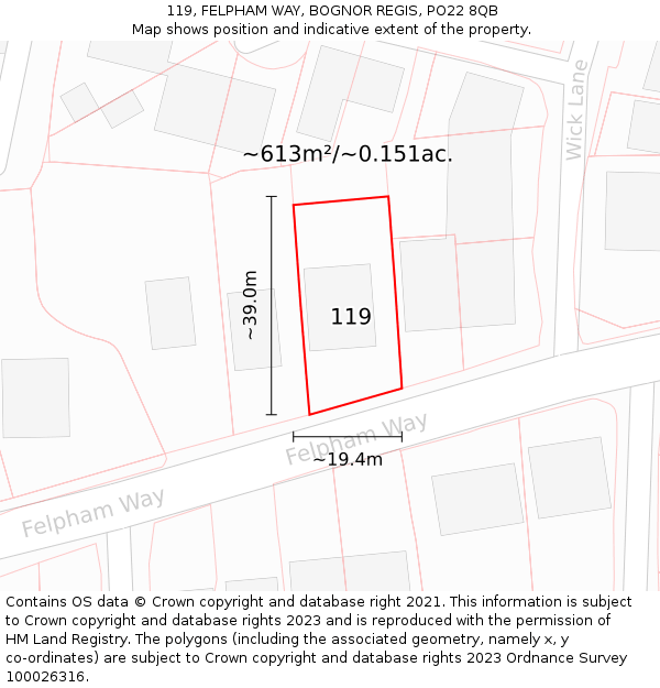 119, FELPHAM WAY, BOGNOR REGIS, PO22 8QB: Plot and title map