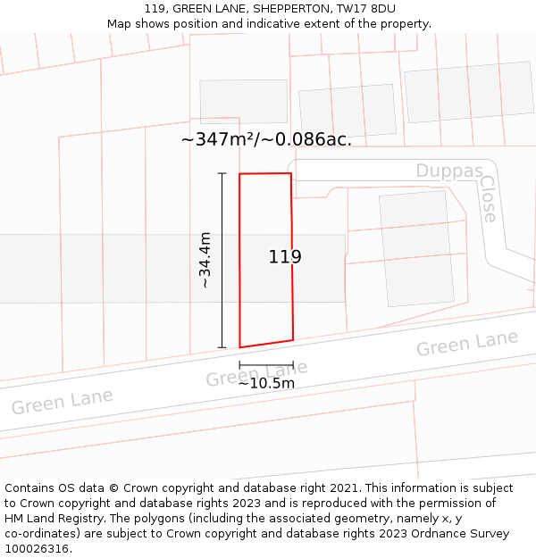 119, GREEN LANE, SHEPPERTON, TW17 8DU: Plot and title map