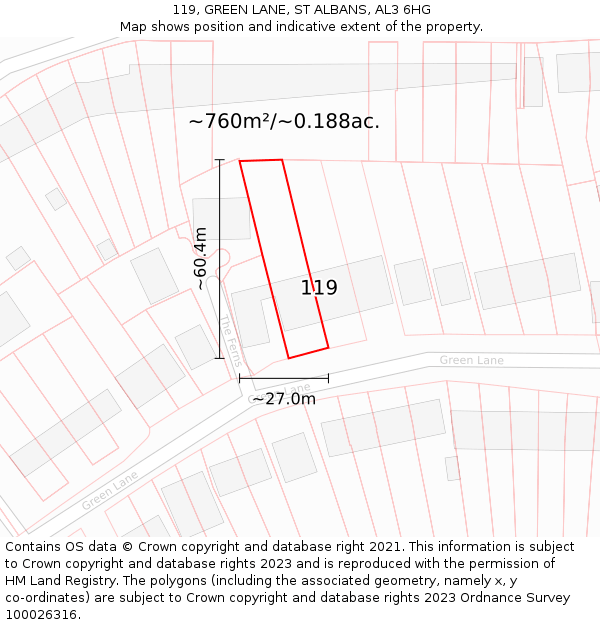 119, GREEN LANE, ST ALBANS, AL3 6HG: Plot and title map