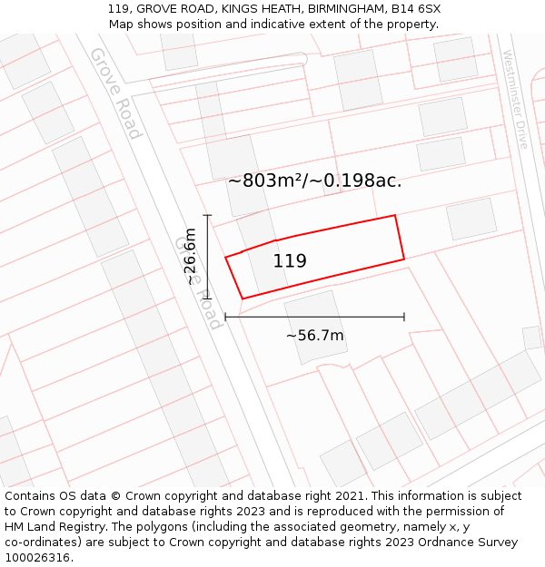 119, GROVE ROAD, KINGS HEATH, BIRMINGHAM, B14 6SX: Plot and title map