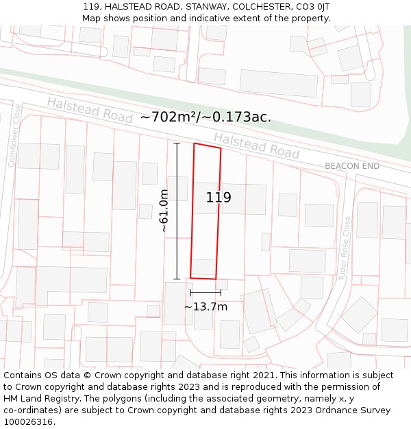119, HALSTEAD ROAD, STANWAY, COLCHESTER, CO3 0JT: Plot and title map