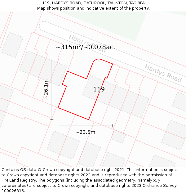119, HARDYS ROAD, BATHPOOL, TAUNTON, TA2 8FA: Plot and title map