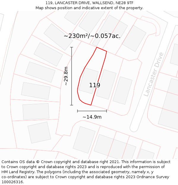 119, LANCASTER DRIVE, WALLSEND, NE28 9TF: Plot and title map