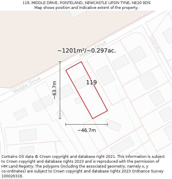 119, MIDDLE DRIVE, PONTELAND, NEWCASTLE UPON TYNE, NE20 9DS: Plot and title map