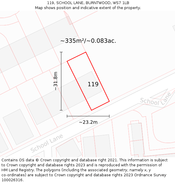 119, SCHOOL LANE, BURNTWOOD, WS7 1LB: Plot and title map