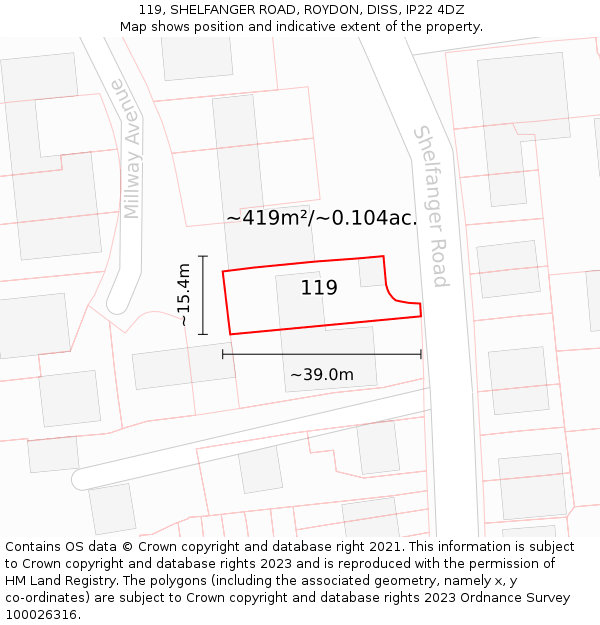 119, SHELFANGER ROAD, ROYDON, DISS, IP22 4DZ: Plot and title map