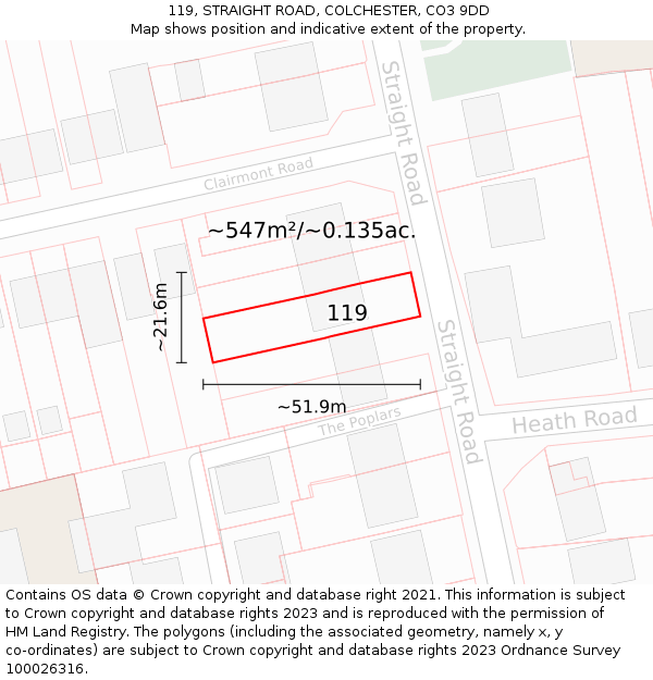 119, STRAIGHT ROAD, COLCHESTER, CO3 9DD: Plot and title map