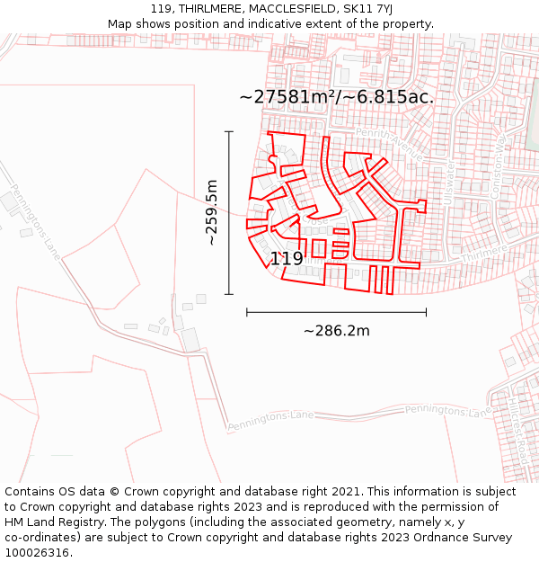 119, THIRLMERE, MACCLESFIELD, SK11 7YJ: Plot and title map