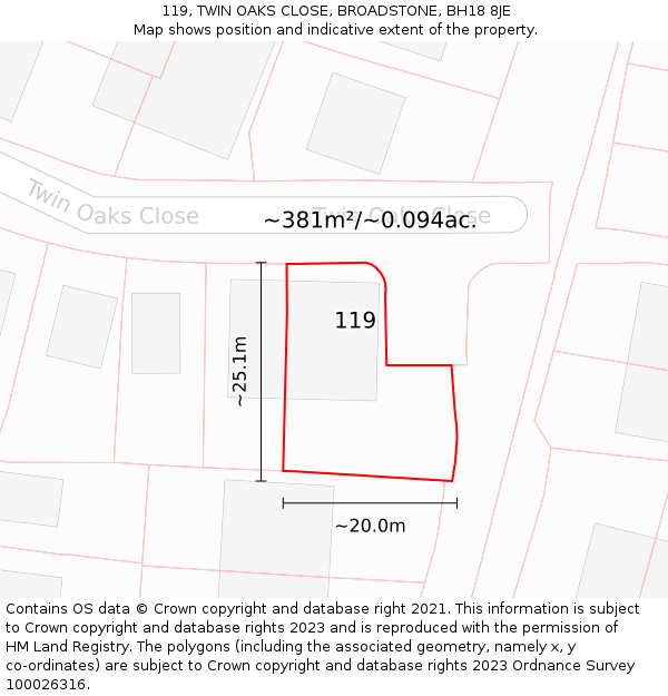 119, TWIN OAKS CLOSE, BROADSTONE, BH18 8JE: Plot and title map