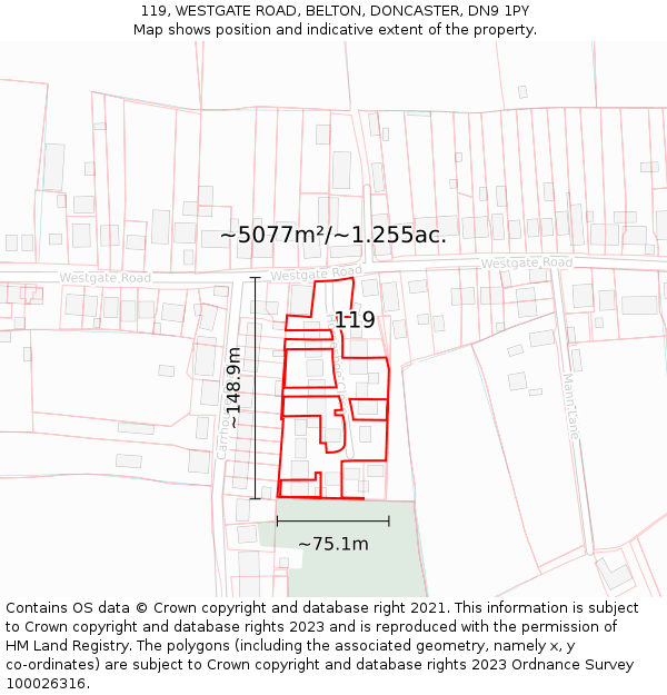 119, WESTGATE ROAD, BELTON, DONCASTER, DN9 1PY: Plot and title map
