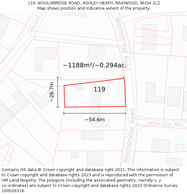 119, WOOLSBRIDGE ROAD, ASHLEY HEATH, RINGWOOD, BH24 2LZ: Plot and title map