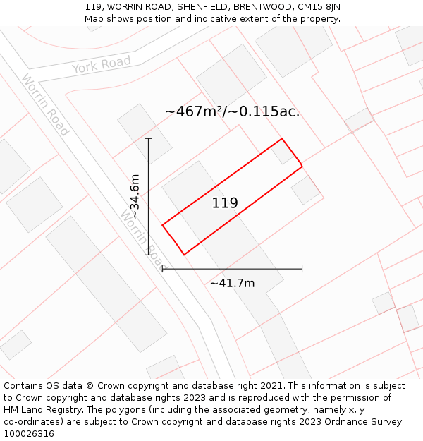 119, WORRIN ROAD, SHENFIELD, BRENTWOOD, CM15 8JN: Plot and title map