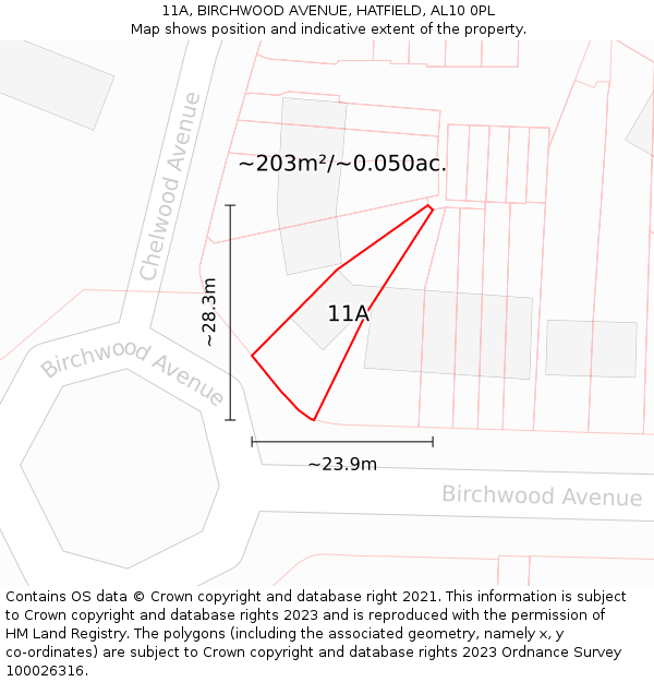 11A, BIRCHWOOD AVENUE, HATFIELD, AL10 0PL: Plot and title map