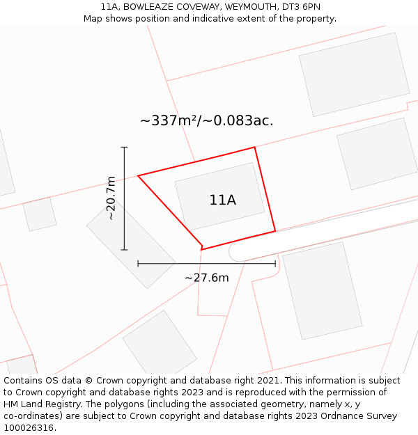 11A, BOWLEAZE COVEWAY, WEYMOUTH, DT3 6PN: Plot and title map