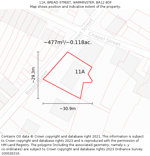 11A, BREAD STREET, WARMINSTER, BA12 8DF: Plot and title map