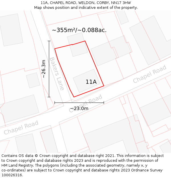 11A, CHAPEL ROAD, WELDON, CORBY, NN17 3HW: Plot and title map