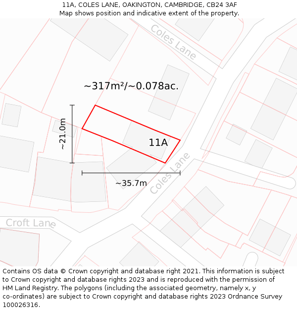 11A, COLES LANE, OAKINGTON, CAMBRIDGE, CB24 3AF: Plot and title map