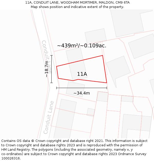 11A, CONDUIT LANE, WOODHAM MORTIMER, MALDON, CM9 6TA: Plot and title map