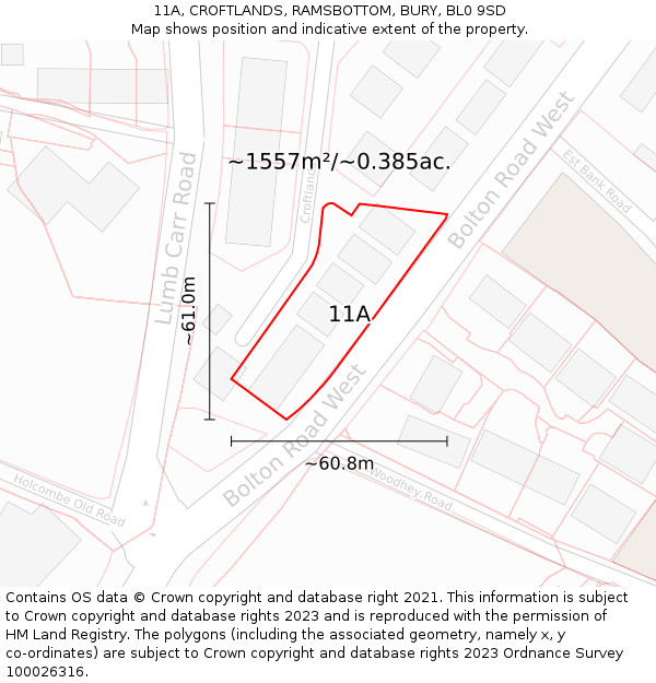 11A, CROFTLANDS, RAMSBOTTOM, BURY, BL0 9SD: Plot and title map