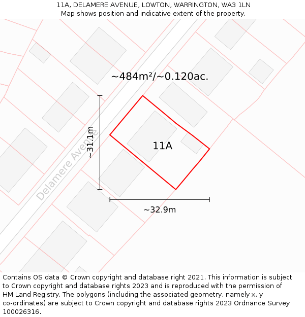 11A, DELAMERE AVENUE, LOWTON, WARRINGTON, WA3 1LN: Plot and title map