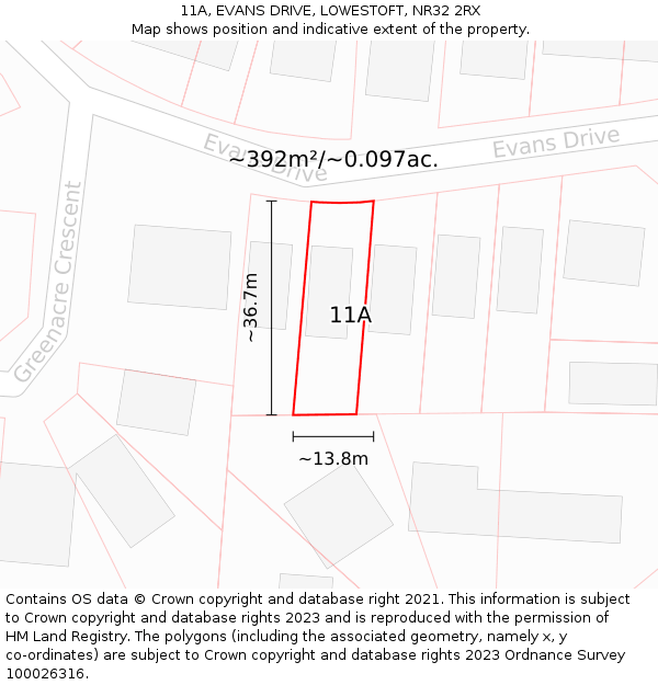 11A, EVANS DRIVE, LOWESTOFT, NR32 2RX: Plot and title map